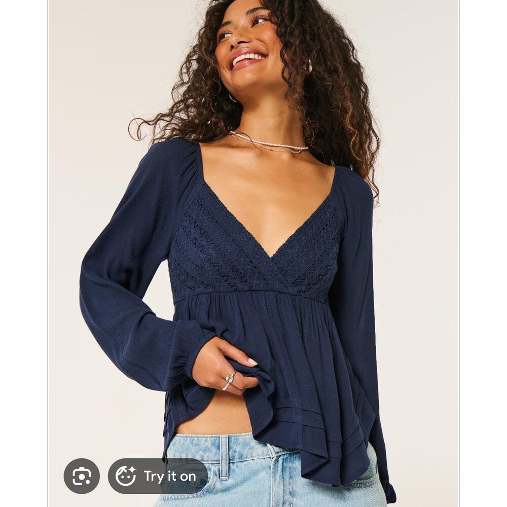 Hollister Navy Blue Long Sleeve Peasant Blouse